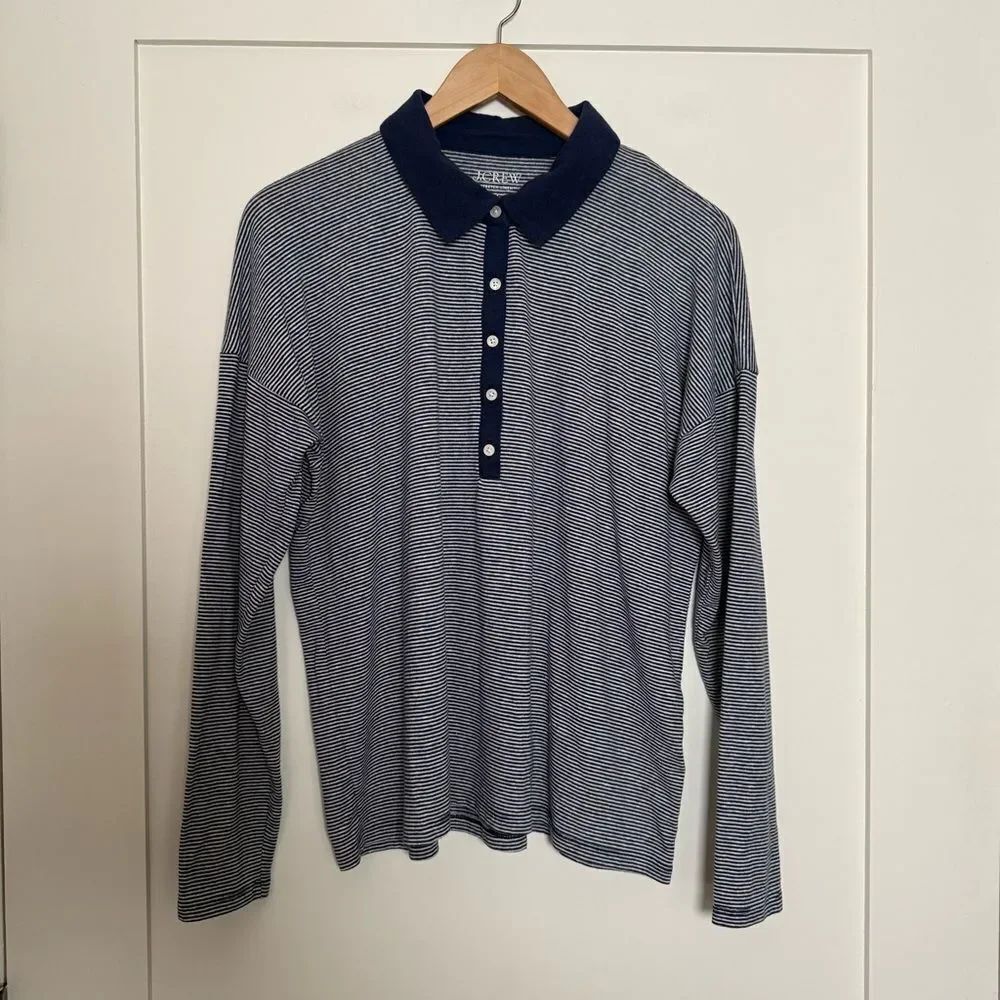 J Crew Polo Shirt Stretch Linen Womens Sz M Blue Striped Relaxed Fit Nautical